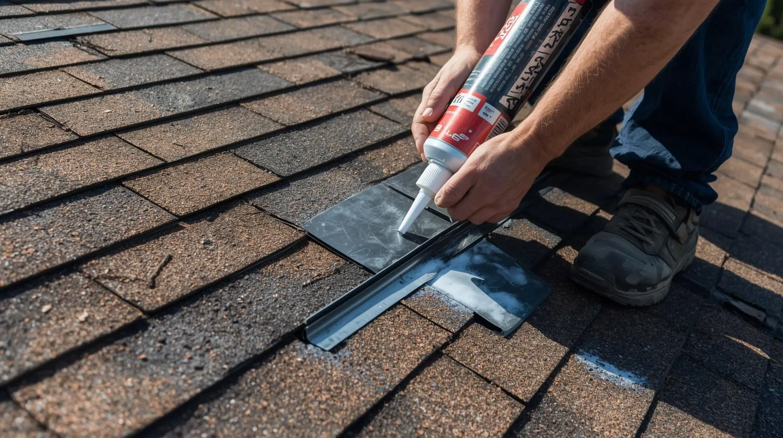 Contractor restoring roof flashing and seals with professional-grade caulking to prevent leaks and extend roof life.