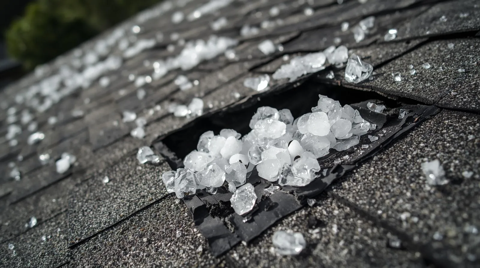 Emergency hail damage assessment showing large pieces of hail collected inside a hole on an asphalt shingle roof.