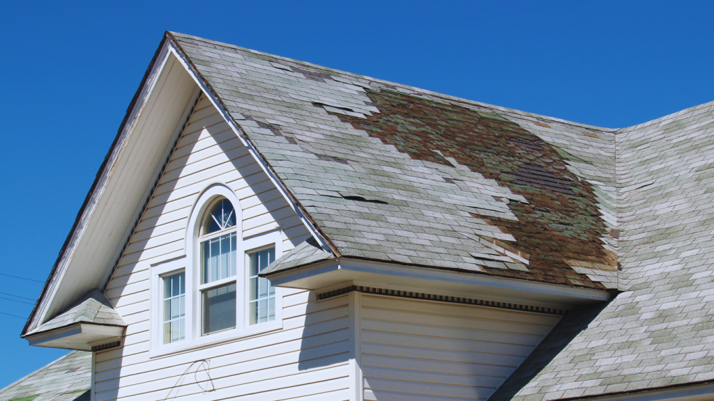 Residential roof with missing and curled shingles due to strong winds, requiring immediate wind damage roof repair to prevent further issues.