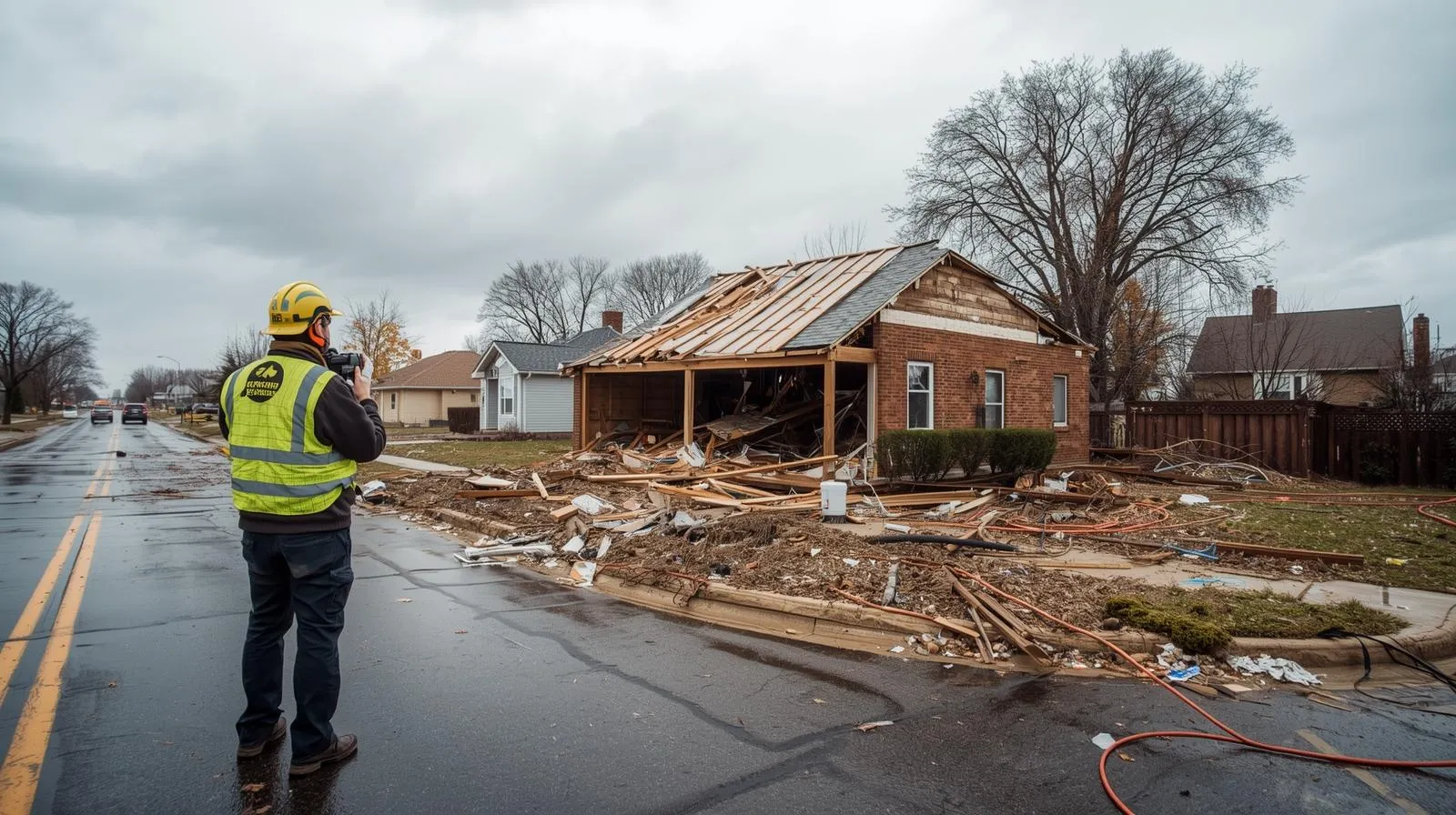 Roof inspector assessing severe wind damage to a residential home with collapsed roof structure and debris.