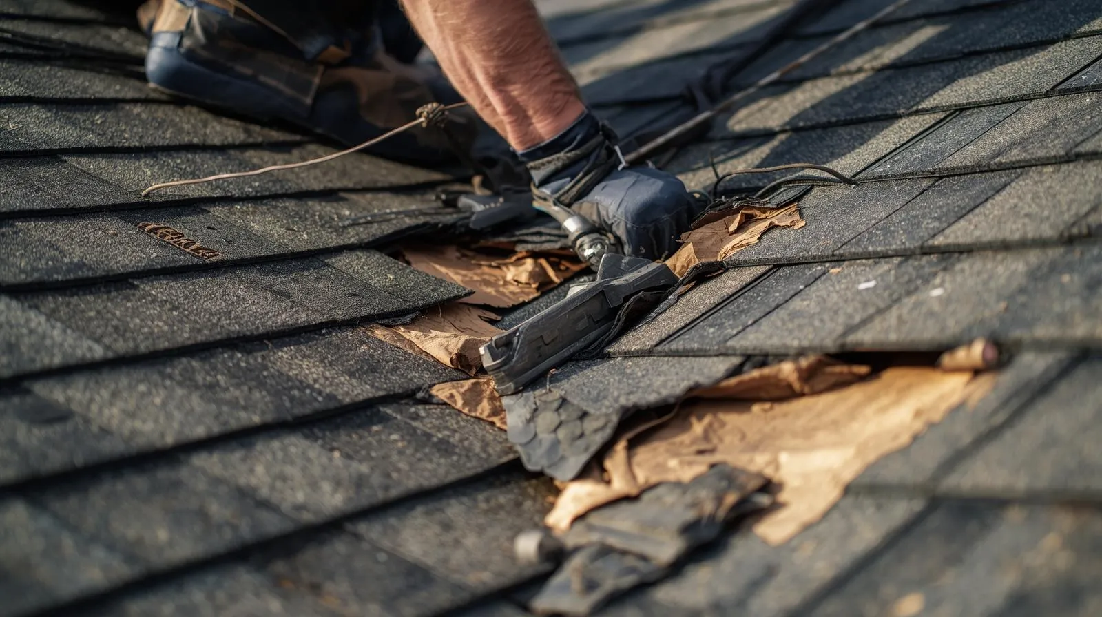 Roofing contractor repairing severe structural wind damage on residential shingles to restore roof integrity.