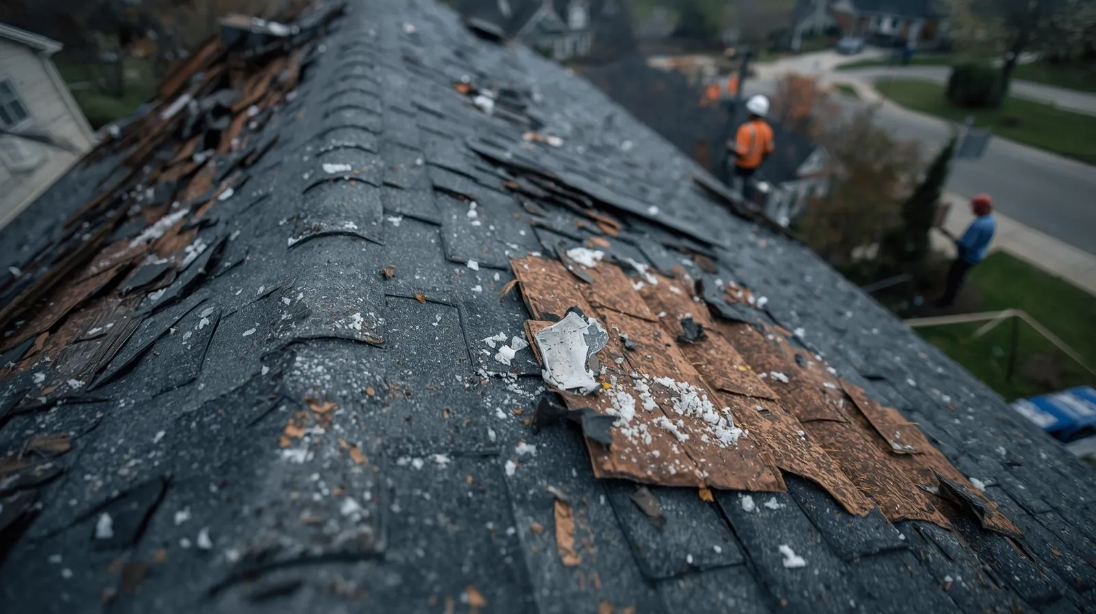 everely hail-damaged asphalt shingles being replaced during a roof restoration project.