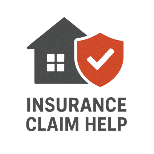 Flat vector icon of a house and red shield with a white checkmark symbolizing roof damage insurance claim help