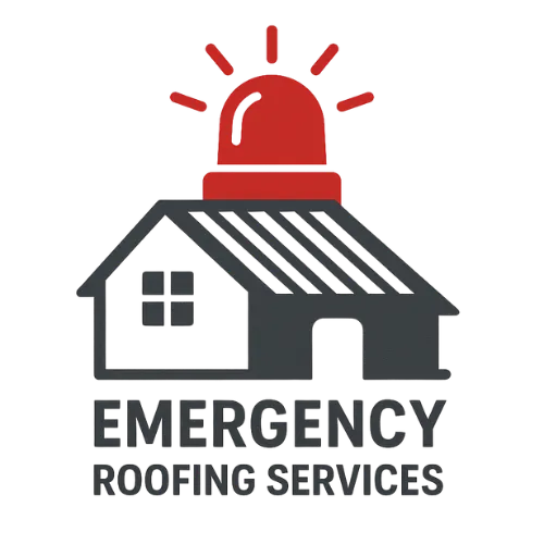 Flat vector icon of a house with a red emergency siren on the roof representing emergency roofing repair in Johns creek, GA
