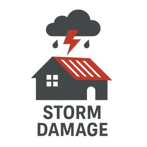 Flat vector icon of a house with a red roof under a storm cloud, lightning, and raindrops representing storm damage roof repair