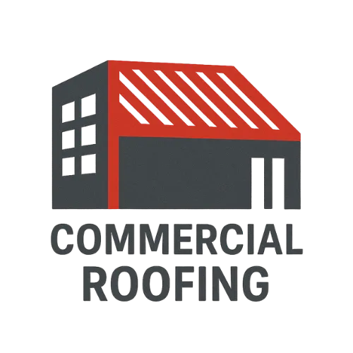 Flat vector icon of a modern commercial building with a red roof representing commercial roof repair in Duluth, GA