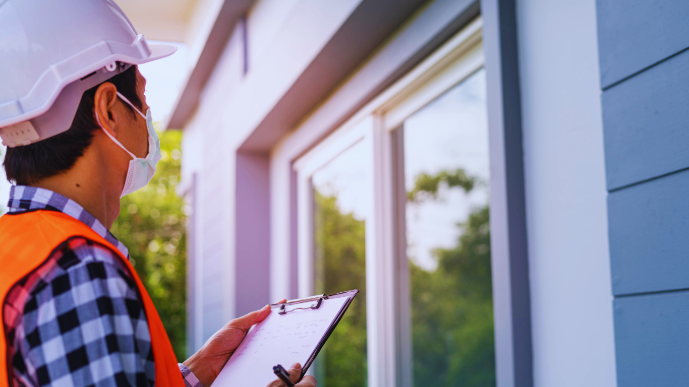Inspector with safety helmet and checklist performing detailed residential roof inspection to ensure home safety and compliance.