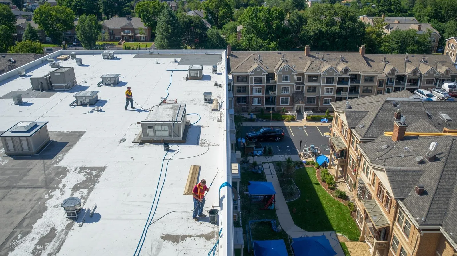 Commercial roofing contractors performing maintenance on a flat roof of a multi-family apartment building.