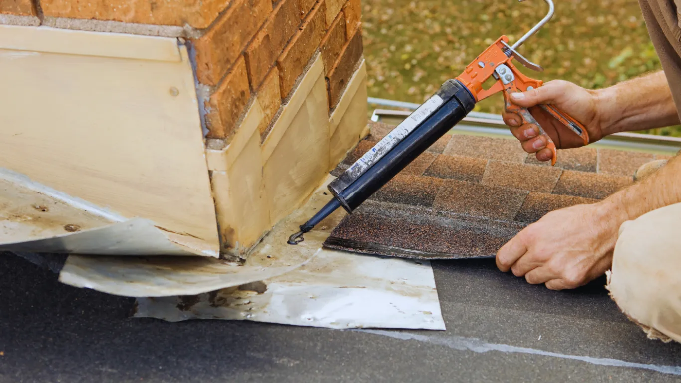 Contractor sealing roof flashing around a chimney during roof inspection and repair to prevent leaks and improve durability.