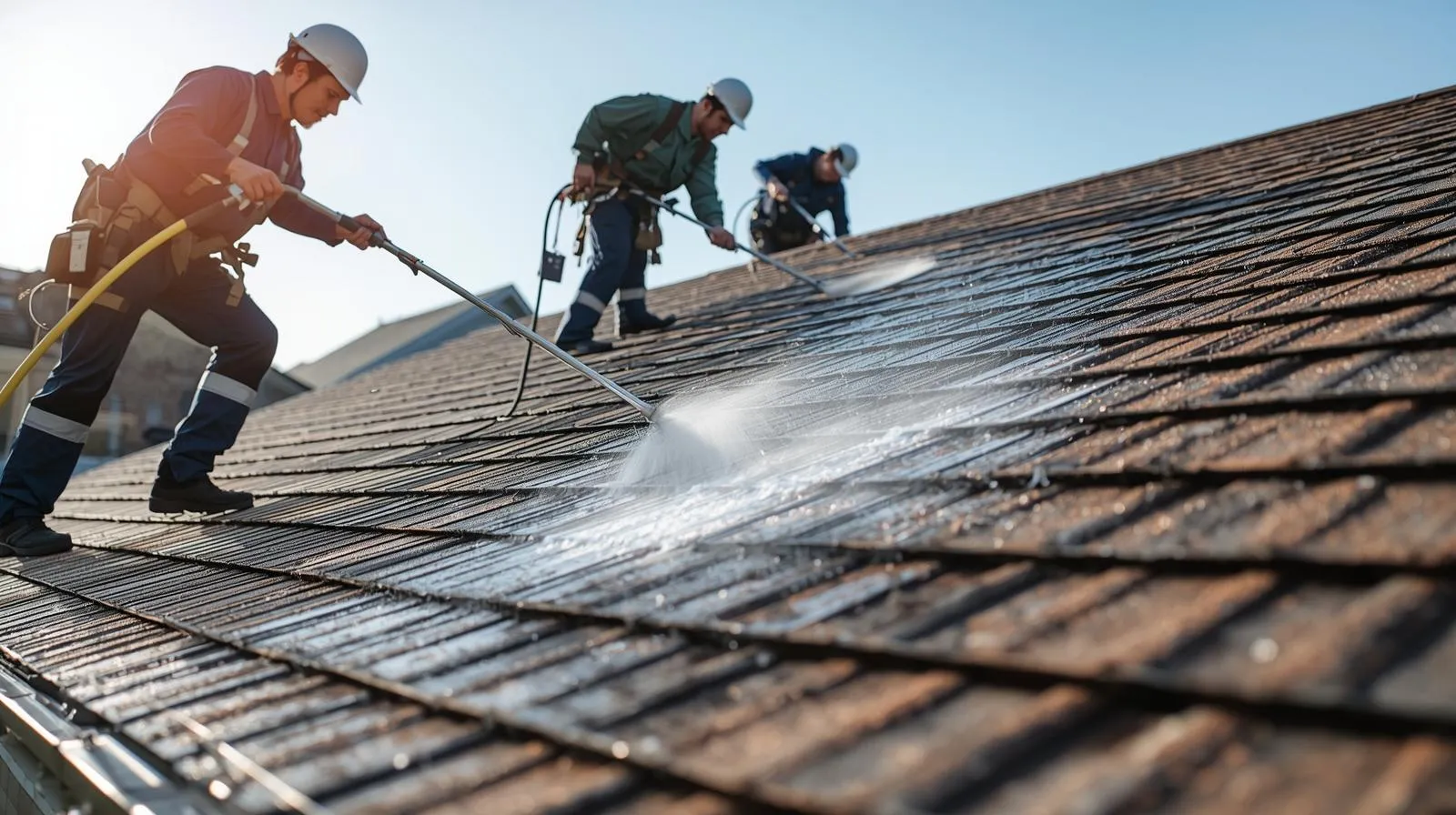 Roofing contractors performing preventive cleaning and treatment during a commercial roof inspection to extend lifespan and prevent damage.